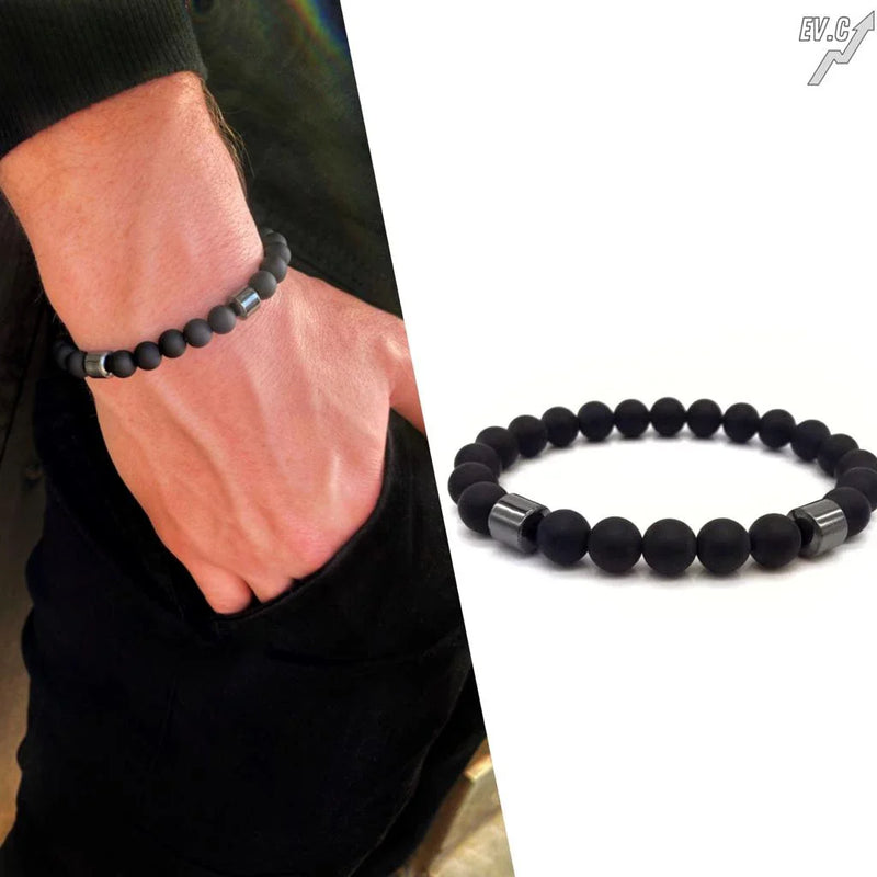 Pulseira Masculina Preta Fosca Bolinha com Hematita